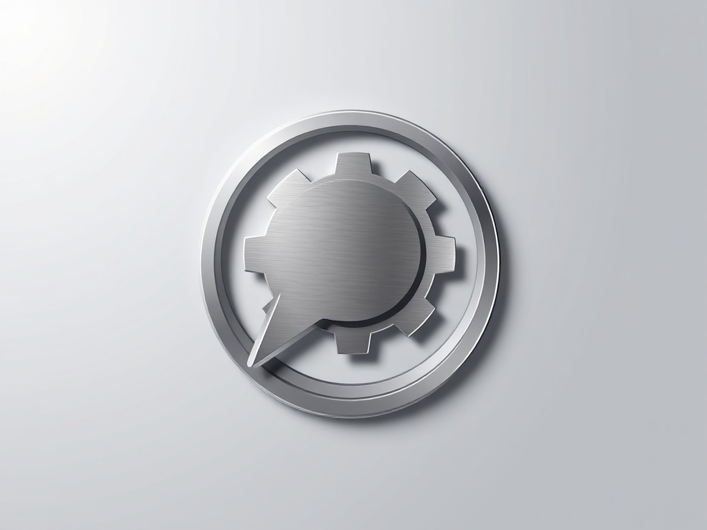A minimalistic emblem combining a chat bubble and a gear, sleek metallic finish, smooth curves, neutral background with subtle gradient, vector-like photorealistic render.